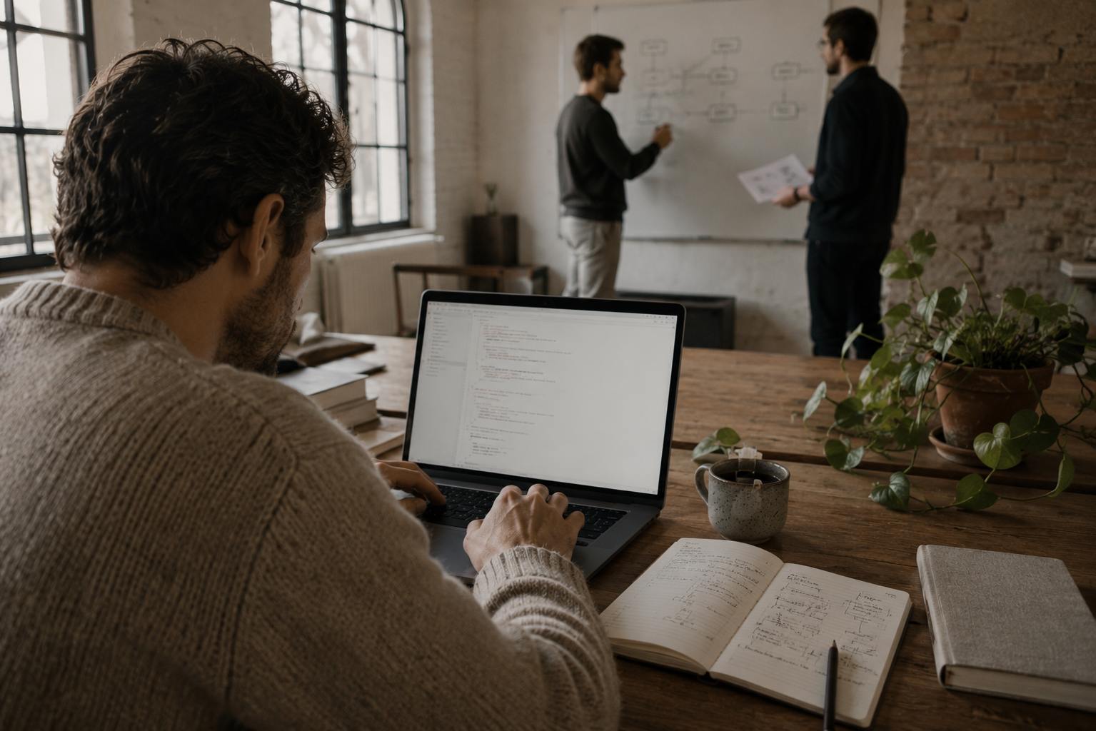 Entwickler arbeitet am Laptop mit Notizen, im Hintergrund Whiteboard-Session mit Architektur-Skizze